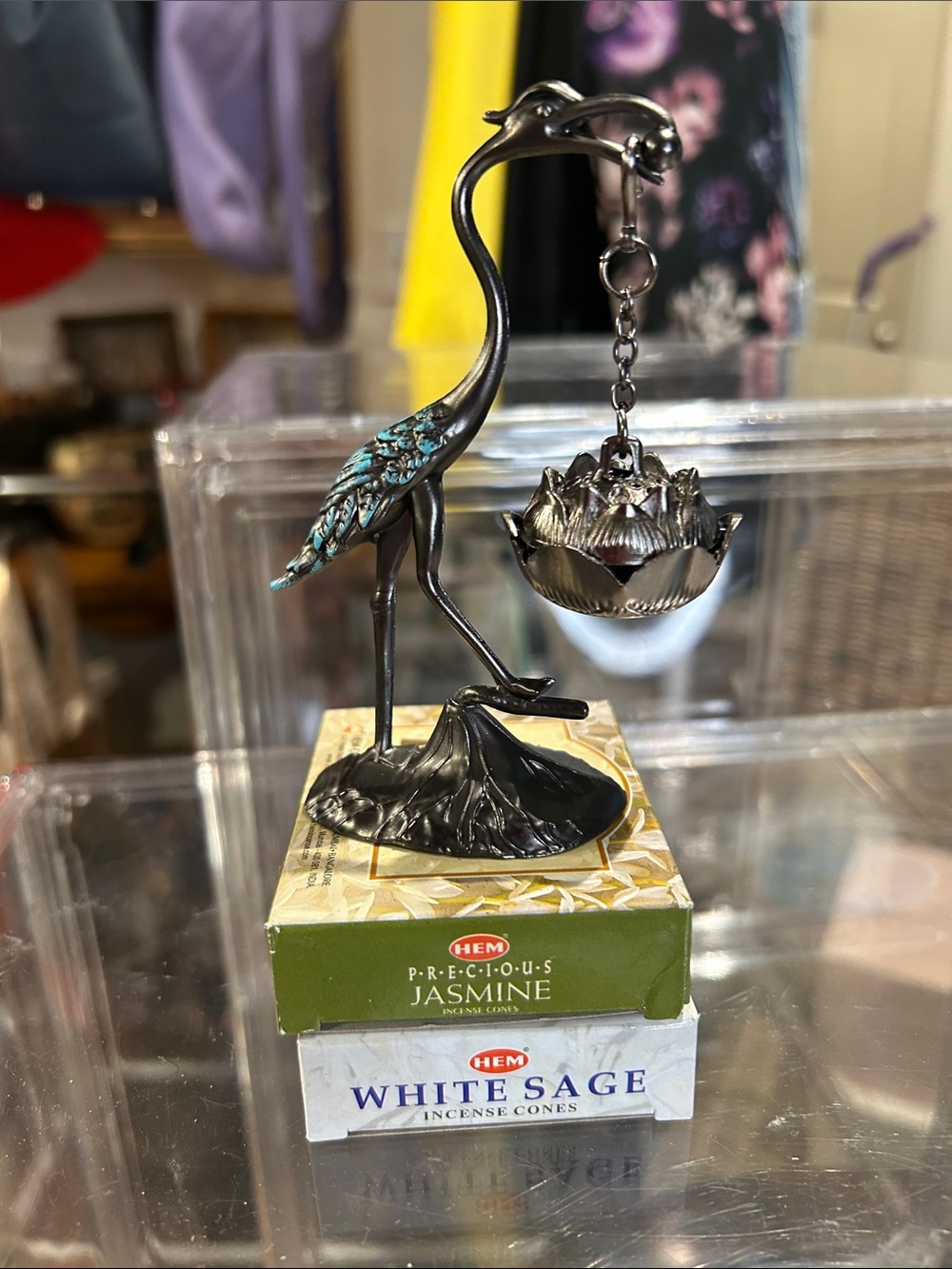 Patina Winged Silver Crane & Hanging Lotus Incense Holder Set of 2 Incense Cones - Picture 3 of 5